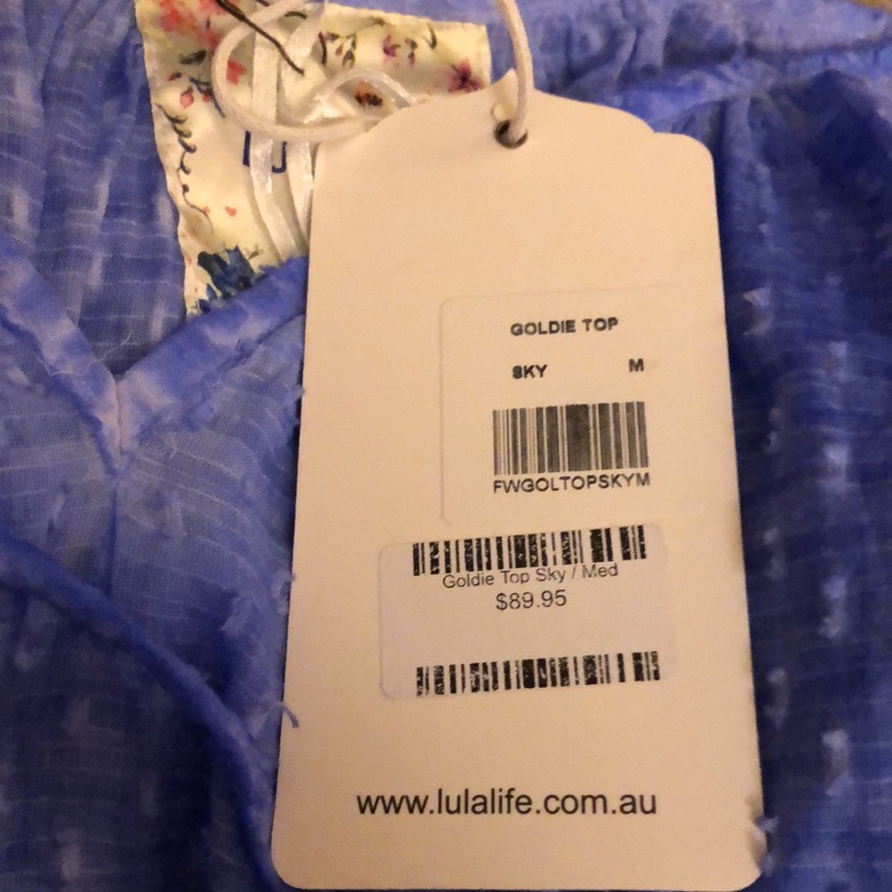Lulalife Goldie Top Sky. 3/4 Sleeve, Hand Dyed Garment. NWT. Size- M